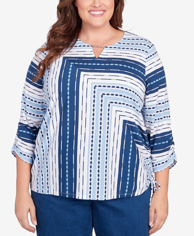 Alfred Dunner Plus Size In Full Bloom Spliced Texture Stripe Side Tie Top In Multi