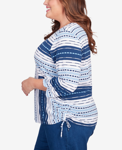 Alfred Dunner Plus Size In Full Bloom Spliced Texture Stripe Side Tie Top In Multi