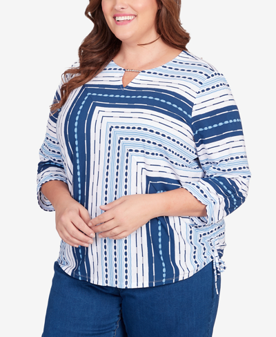 Alfred Dunner Plus Size In Full Bloom Spliced Texture Stripe Side Tie Top In Multi