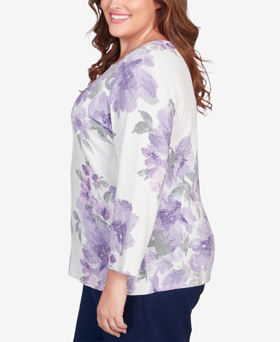 Shop Alfred Dunner Plus Size Isn't It Romantic Shimmer Floral Crew Neck Sweater In Lilac