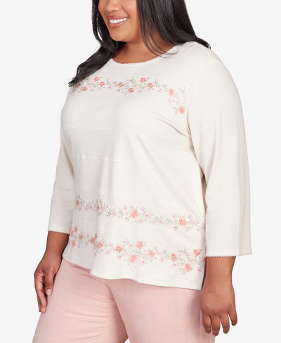 Shop Alfred Dunner Plus Size English Garden Flower Biadere Embroidery Split Hem Top In Oatmeal