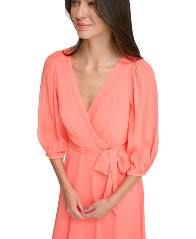 Shop Dkny Women's 3/4-sleeve Tie-waist High-low Midi Dress In Orange Rose