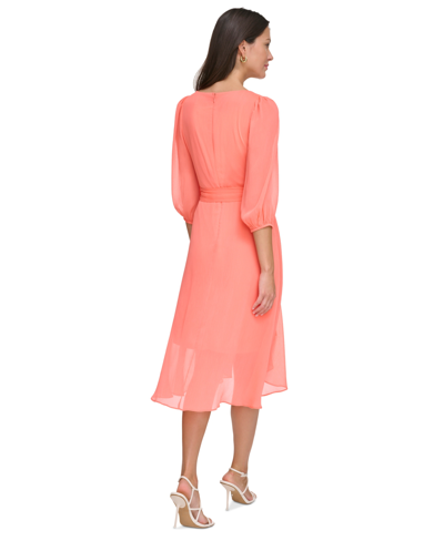 Shop Dkny Women's 3/4-sleeve Tie-waist High-low Midi Dress In Orange Rose