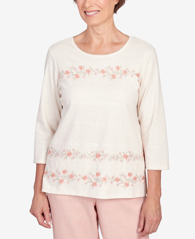 Shop Alfred Dunner Petite English Garden Flower Biadere Embroidery Split Hem Top In Oatmeal