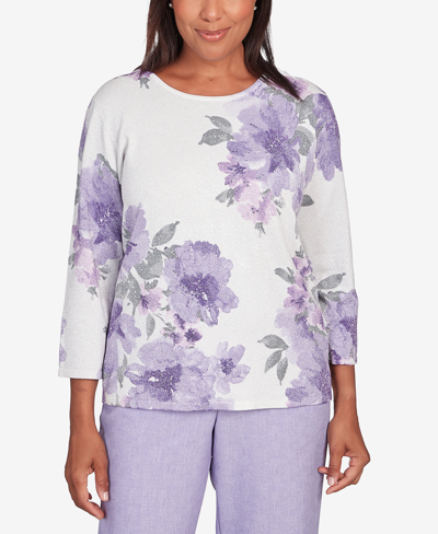 Shop Alfred Dunner Women's Isn't It Romantic Shimmer Floral Crew Neck Sweater In Lilac