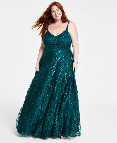 Shop Say Yes Trendy Plus Size Glitter Mesh Gown, Created For Macy's In Hunter