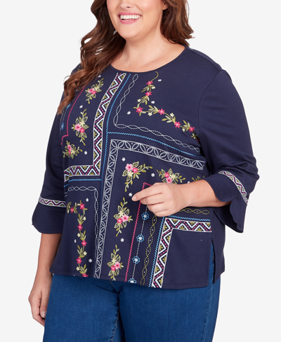 Shop Alfred Dunner Plus Size In Full Bloom Flower Embroidery Quad Top In Navy