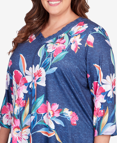 Shop Alfred Dunner Plus Size In Full Bloom Placed Floral V-neck Top In Navy