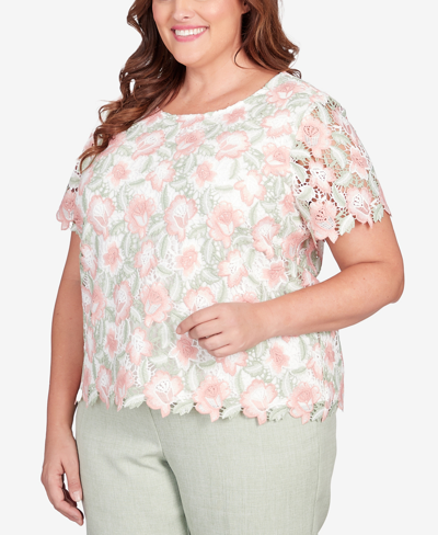 Shop Alfred Dunner Plus Size English Garden Lace Floral Scallop Hem Top In Multi