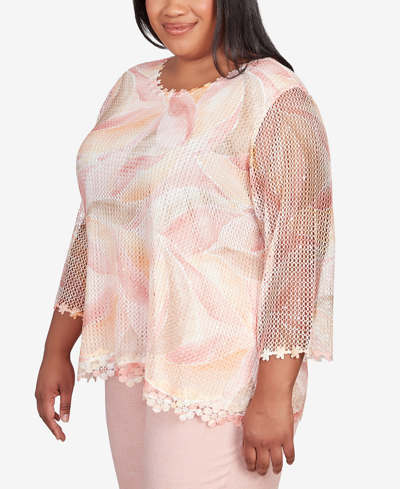 Shop Alfred Dunner Plus Size English Garden Stained Glass Mesh Split Hem Top In Peach