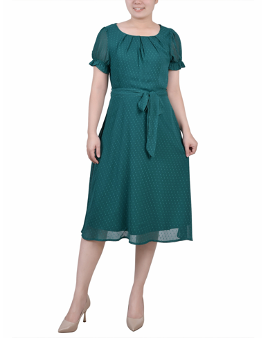 Shop Ny Collection Petite Short Sleeve Belted Swiss Dot Dress In Alpine Green Rectangle