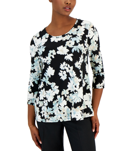 Shop Ak Anne Klein Petite Floral Ruched-sleeve Top In Jade Stone Multi