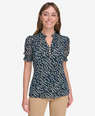 Shop Tommy Hilfiger Women's Ruffled-neck Ditsy Floral Blouse In Midnight Multi