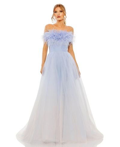 Shop Mac Duggal Women's Strapless Feather Hem Tulle Gown In Blue Ombre