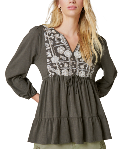 Shop Lucky Brand Women's Embroidered Tiered Tunic Top In Raven