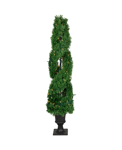 Shop Northlight 4.5' Pre-lit Artificial Cedar Double Spiral Topiary Tree In Urn Style Pot Clear Lights In Green