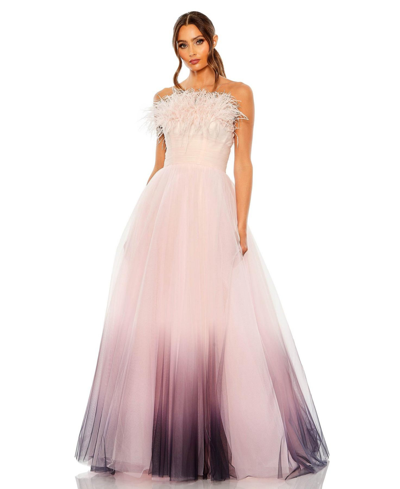 Shop Mac Duggal Women's Strapless Feather Hem Tulle Gown In Pink Ombre