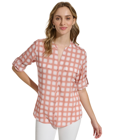 Shop Calvin Klein Women's Printed Button-front Roll-sleeve Top In Desert Rose Multi