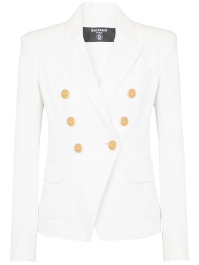 Balmain Double-breasted Structured Denim Blazer With Peak Lapel In White