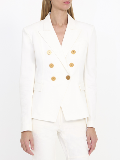 Balmain Double-breasted Structured Denim Blazer With Peak Lapel In White