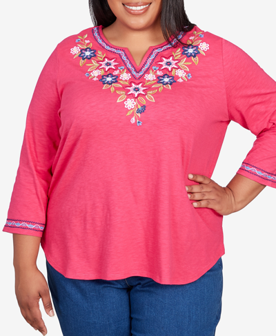 Shop Alfred Dunner Plus Size In Full Bloom Floral Split Shirttail Hem Top In Fuchsia