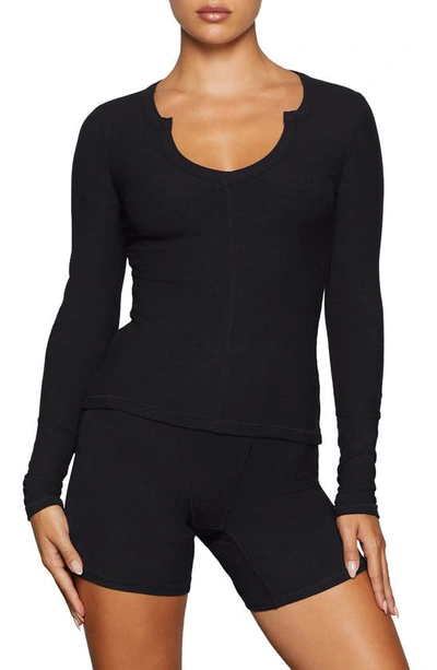 Shop Skims Soft Lounge Split Neck Long Sleeve Top In Onyx