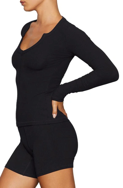 Shop Skims Soft Lounge Split Neck Long Sleeve Top In Onyx