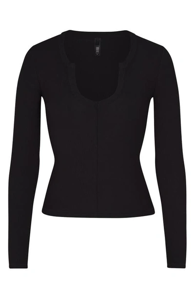 Shop Skims Soft Lounge Split Neck Long Sleeve Top In Onyx