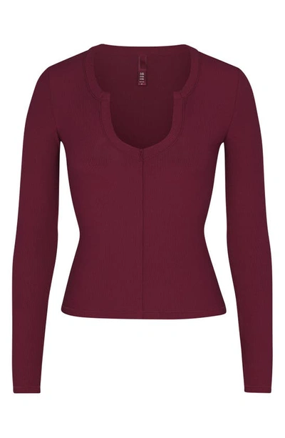 Shop Skims Soft Lounge Split Neck Long Sleeve Top In Wine