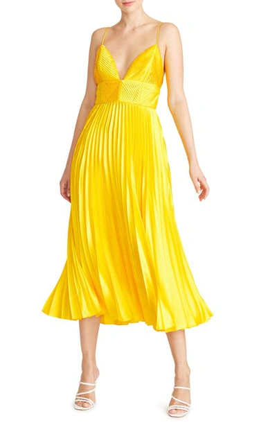 Shop Amur Viv Pleated Midi Dress In Yellow Tang