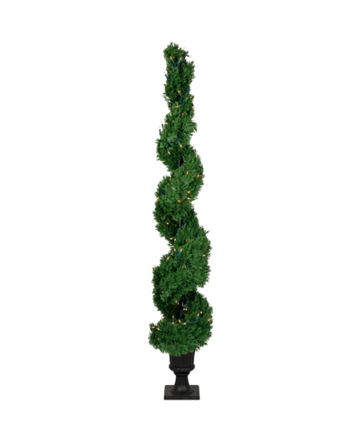 Shop Northlight 5.5' Pre-lit Artificial Cedar Spiral Topiary Tree In Urn Style Pot Clear Lights In Green