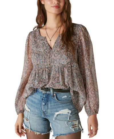 Shop Lucky Brand Women's Paisley-print Split-neck Peasant Top In Pink Multi
