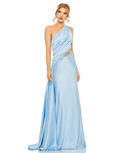 Shop Mac Duggal Women's One Shoulder Embellished Satin Gown In Powder Blue