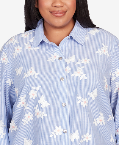 Shop Alfred Dunner Plus Size In Full Bloom Embroidered Butterfly Stripe Button Down Top In Multi