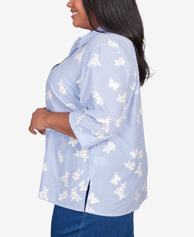 Shop Alfred Dunner Plus Size In Full Bloom Embroidered Butterfly Stripe Button Down Top In Multi