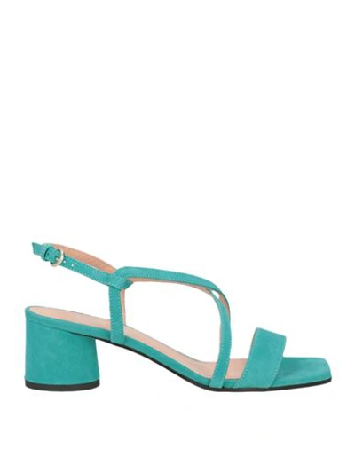 Shop Pollini Woman Sandals Turquoise Size 8 Leather In Blue