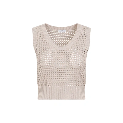 Brunello Cucinelli Sequin-embellished Open-knit Cotton-blend Vest In Nude & Neutrals