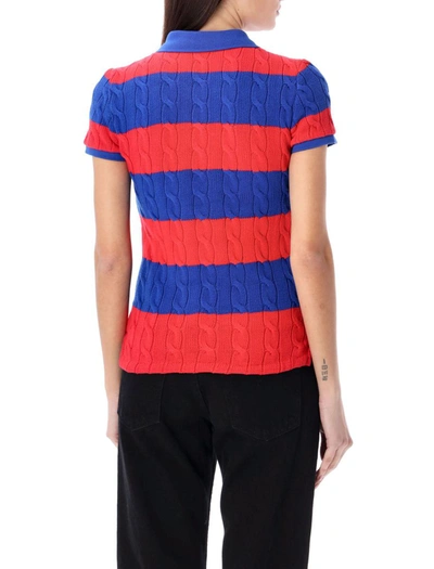 Shop Polo Ralph Lauren Cotton Cable Knit Striped Polo Shirt In Red Blue