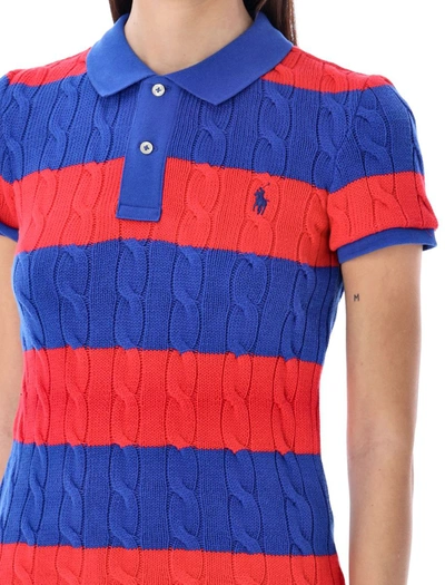 Shop Polo Ralph Lauren Cotton Cable Knit Striped Polo Shirt In Red Blue