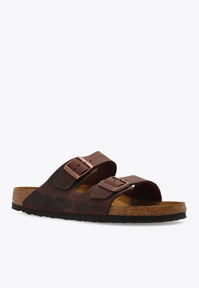 Shop Birkenstock Arizona Double-strap Leather Slides In Dark Brown