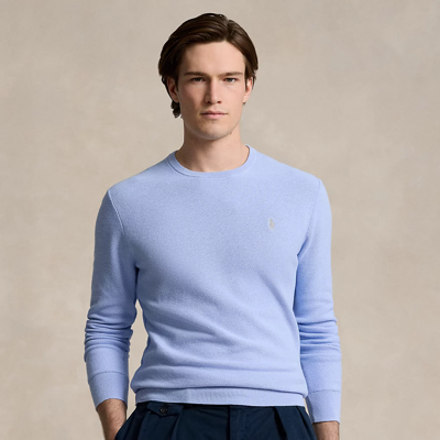 Shop Ralph Lauren Textured Cotton Crewneck Sweater In Blue Hyacinth