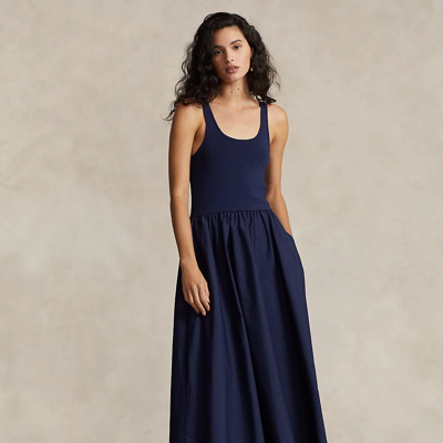 Shop Ralph Lauren Shirred Fit-and-flare Dress In Cruise Navy