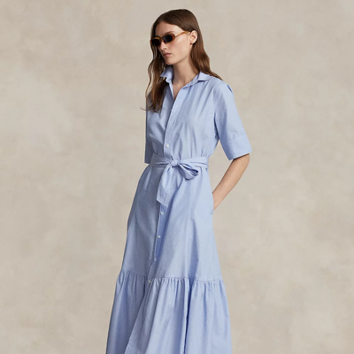 Shop Ralph Lauren Tiered Cotton Shirtdress In Classic Medium Blue