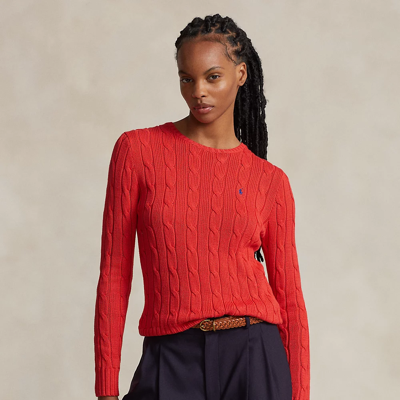 Shop Ralph Lauren Cable-knit Cotton Crewneck Sweater In Bright Hibiscus