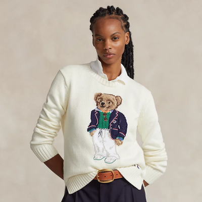 Shop Ralph Lauren Polo Bear Cotton Crewneck Sweater In Parchment Cream