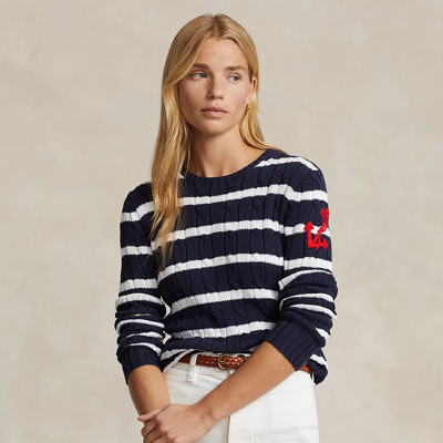 Shop Ralph Lauren Anchor-motif Cable Cotton Sweater In Hunter Navy/white Stripe