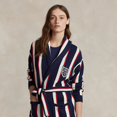 Shop Ralph Lauren Striped Linen-blend Wrap Cardigan In Navy/red Stripe