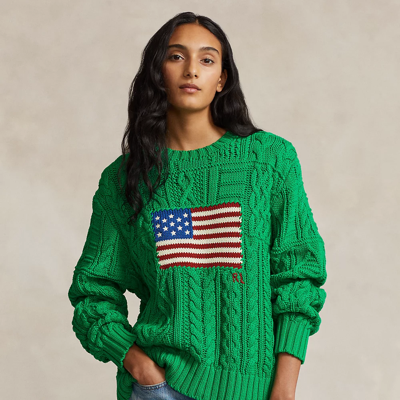 Shop Ralph Lauren Aran-knit Flag Cotton Sweater In Stem Green