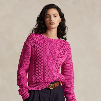 Shop Ralph Lauren Cable-knit Cotton Crewneck Sweater In Desert Pink