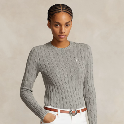 Shop Ralph Lauren Cable-knit Cotton Crewneck Sweater In Fawn Grey Heather
